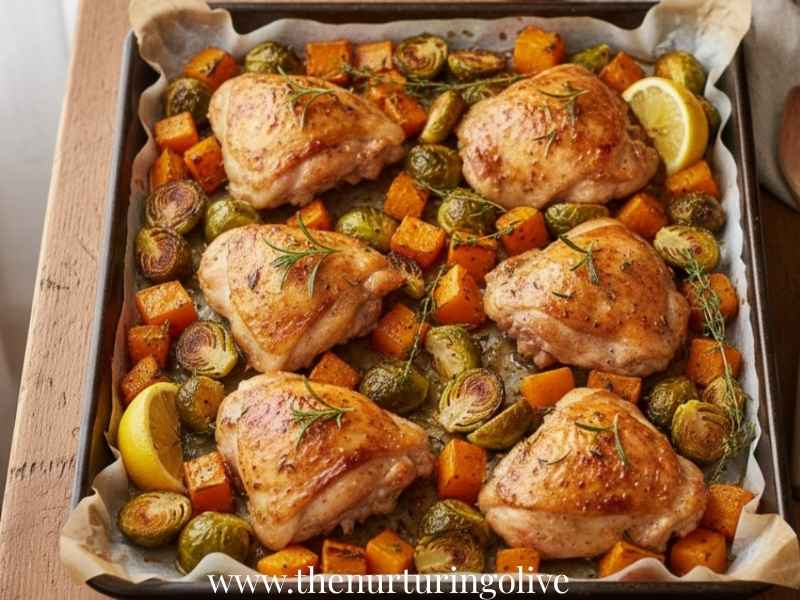 Sheet-pan-chicken-thighs-with-Brussels-sprouts-and-butternut-squash-on-the-table.