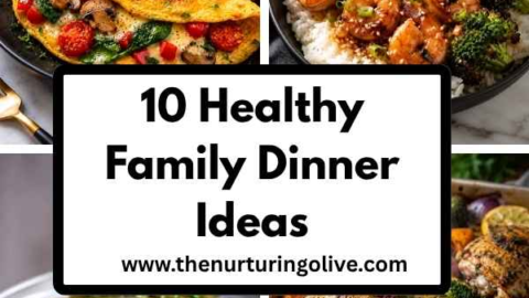 Healthy family dinner ideas featuring homemade chicken, salmon, soup, and vegetable meals in a modern family kitchen setting.