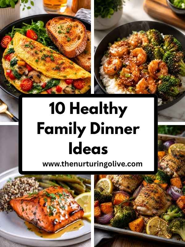 Healthy family dinner ideas featuring homemade chicken, salmon, soup, and vegetable meals in a modern family kitchen setting.