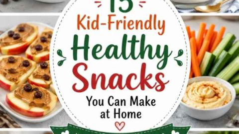 Kid-Friendly Healthy Snacks including energy bites, yogurt parfait, apple slices with peanut butter, vegetable sticks with hummus, popcorn, and boiled eggs arranged in a healthy snack collage for children