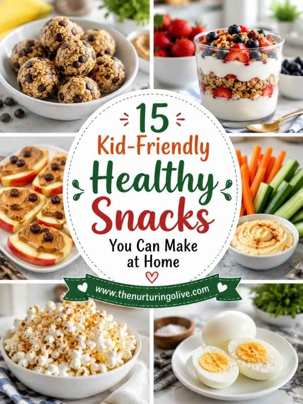 Kid-Friendly Healthy Snacks including energy bites, yogurt parfait, apple slices with peanut butter, vegetable sticks with hummus, popcorn, and boiled eggs arranged in a healthy snack collage for children