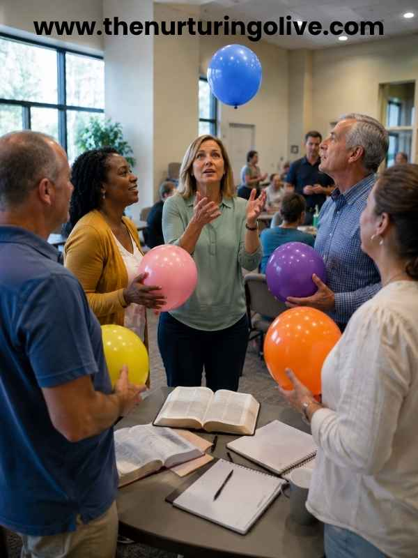 Adults enjoying Balloon Breakdown Bible Games for Adults during a church Bible study gathering