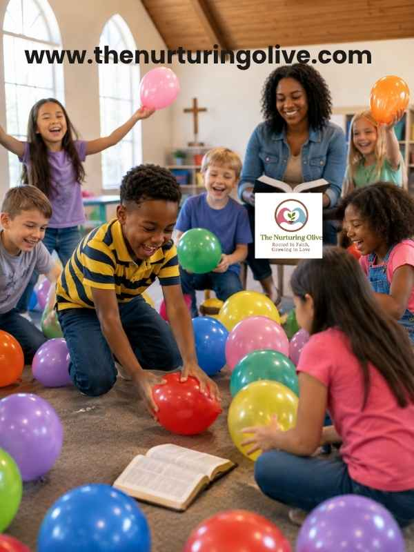 Children enjoying Balloon Breakdown Bible Games for Kids during a Sunday school lesson.