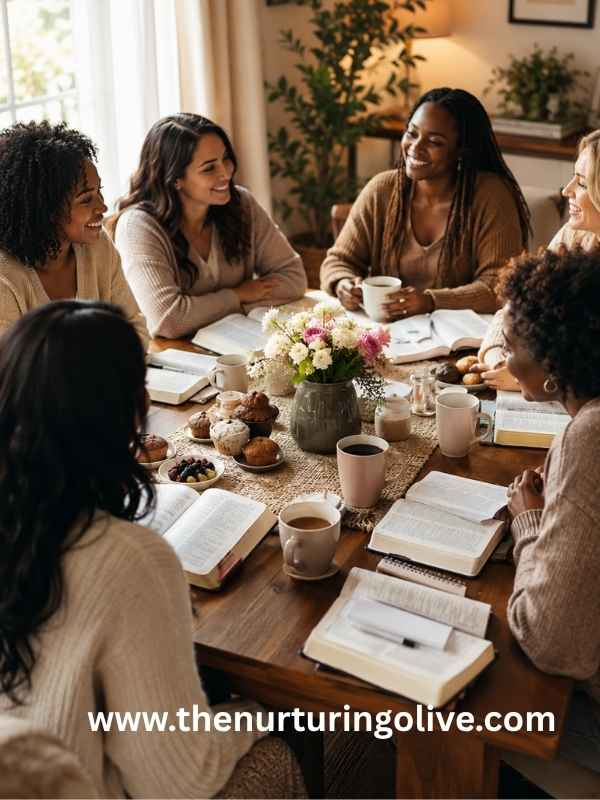 Women enjoying a Coffee Bible Study Party with open Bibles and coffee