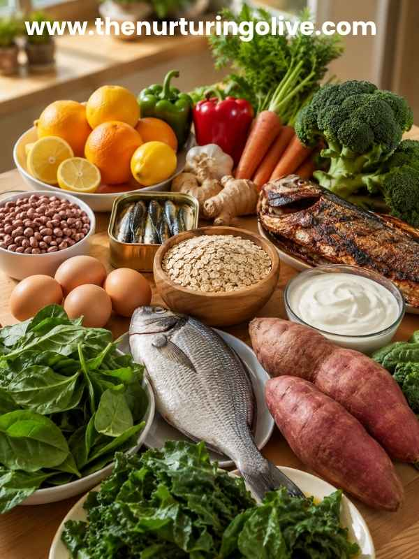 Healthy family table featuring foods that boost energy and immunity for the whole family