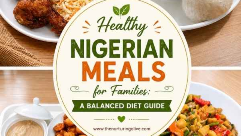 Healthy Nigerian meals for families featuring jollof rice fried rice egusi soup and bitter leaf soup in a photorealistic food photo grid