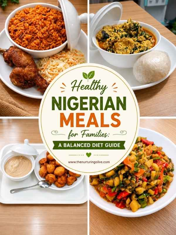 Healthy Nigerian meals for families featuring jollof rice fried rice egusi soup and bitter leaf soup in a photorealistic food photo grid