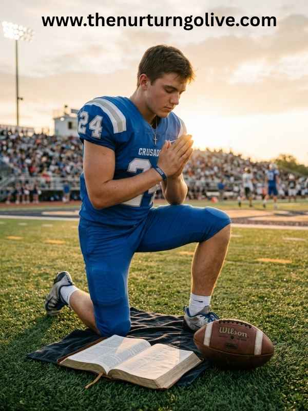 Prayer card for athletes beside an open Bible and sports equipment before a competition.