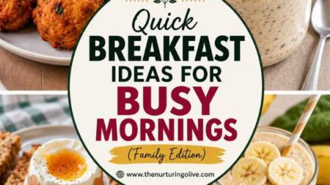 Quick Breakfast Ideas for Busy Mornings featuring akara with pap, overnight oats, boiled egg toast soldiers, and a peanut butter banana smoothie