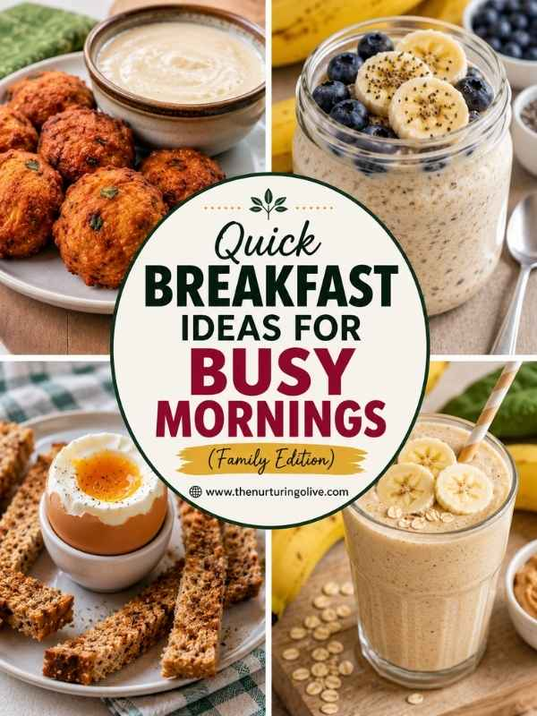 Quick Breakfast Ideas for Busy Mornings featuring akara with pap, overnight oats, boiled egg toast soldiers, and a peanut butter banana smoothie