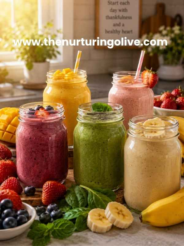 Simple Smoothie Recipes for Kids and Adults displayed as colorful homemade fruit smoothies on a family kitchen table