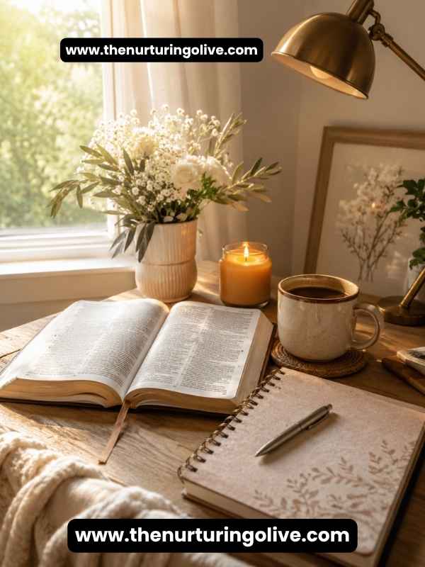 Bible Study Aesthetic with an open Bible, journal, candle and coffee on a peaceful devotional desk.