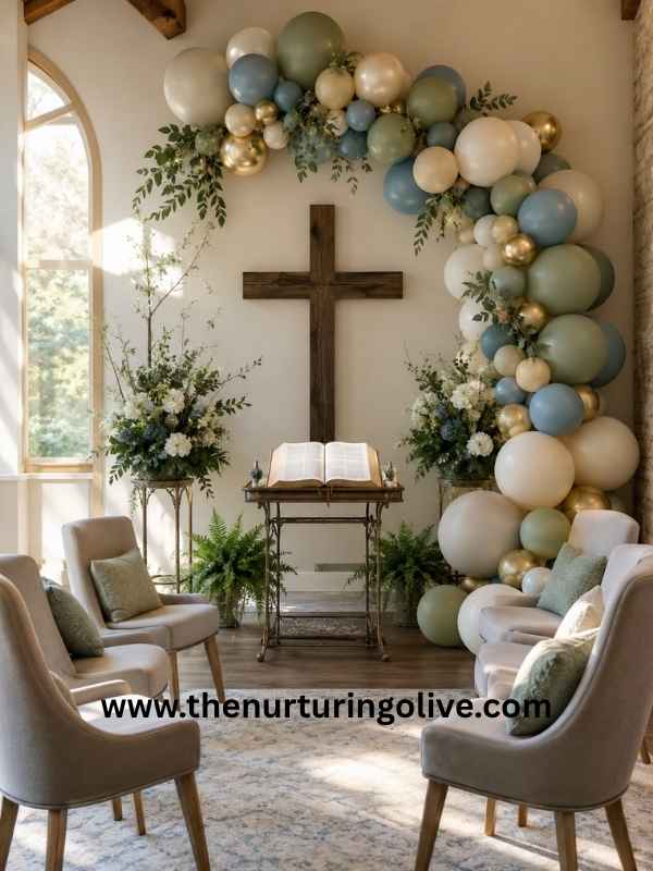 Bible study balloon decor creating a welcoming Christian gathering space with Scripture-inspired decorations