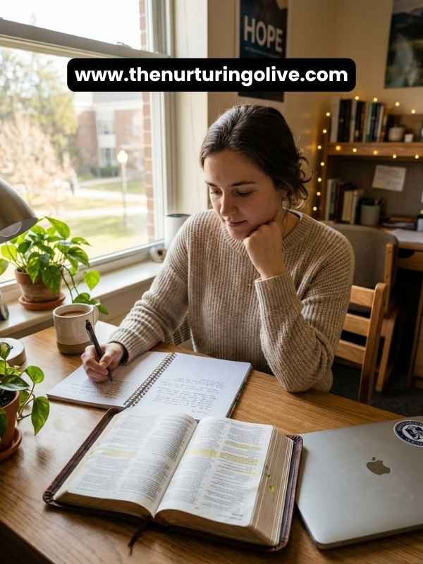 Student practising Bible study methods for students with an open Bible and study notebook.