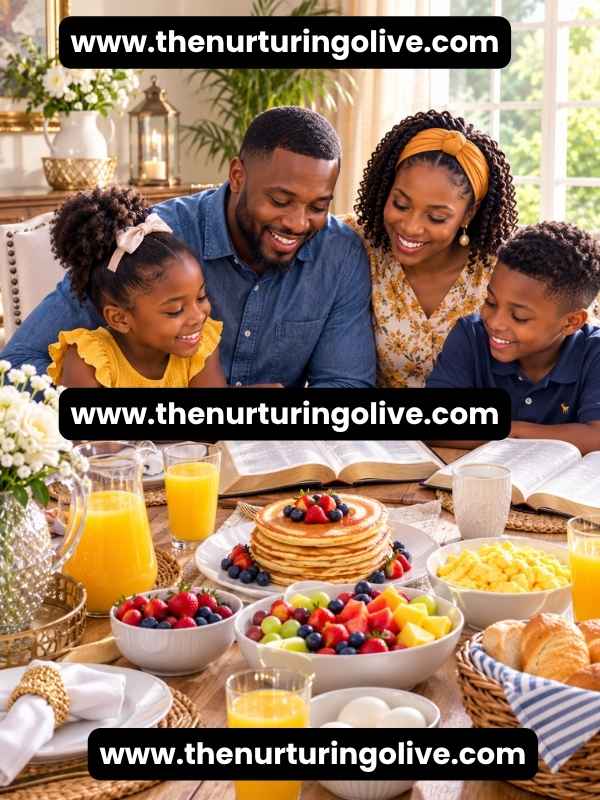 Christian family enjoying brunch and Bible study for family around a beautifully decorated breakfast table.