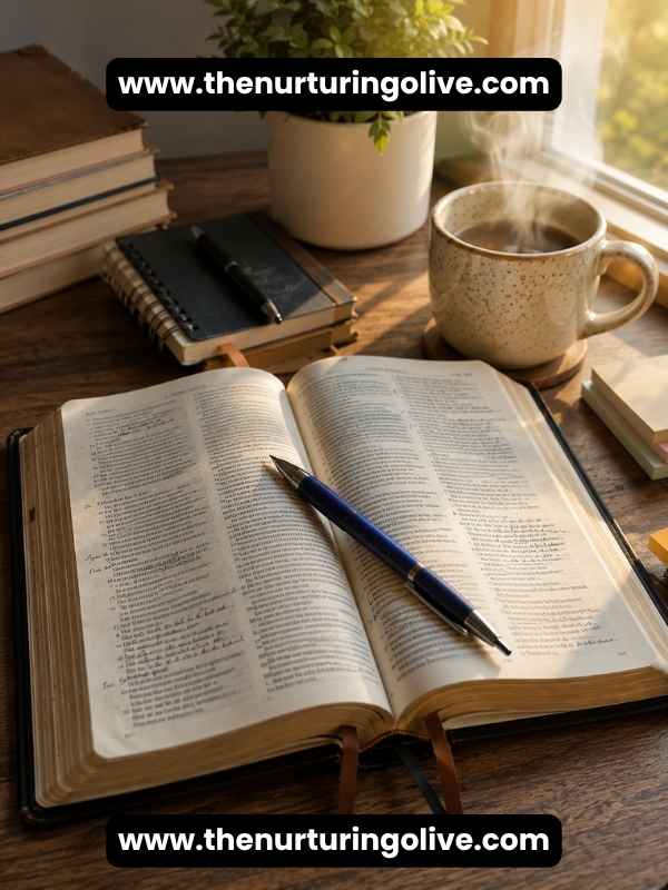 Importance of Using a Journal Bible When Studying with an open journal Bible, handwritten notes and a pen.