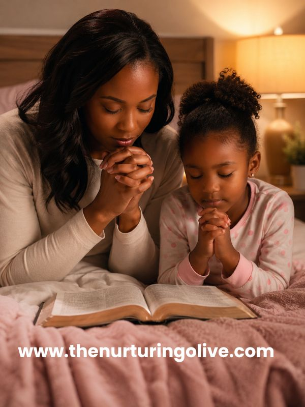 Prompts to Help Kids Learn to Pray with a Christian mother teaching her daughter bedtime prayer.