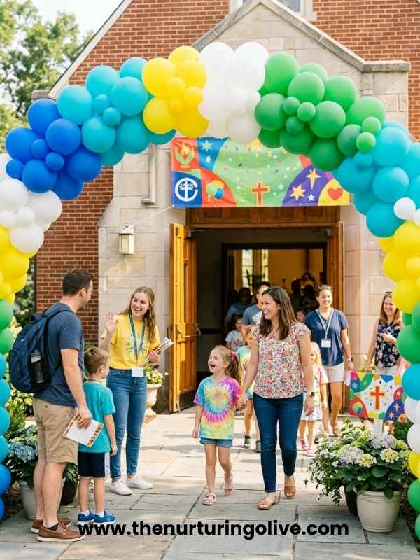 Vacation Bible School Balloon Arch welcoming children into a church for VBS.